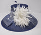 Navy Blue Sinamay Derby Hat, Feather Flower Ascot Hat
