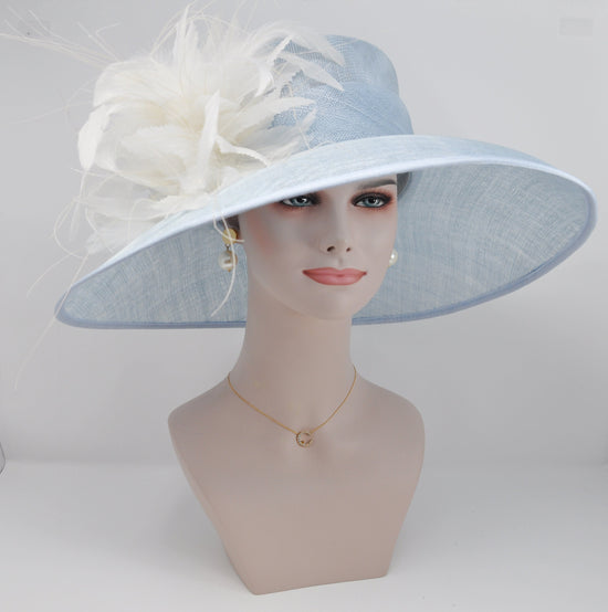 Powder Blue Sinamay Derby Hat: Feather Flowers, Wide Brim