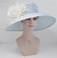 Powder Blue Sinamay Derby Hat: Feather Flowers, Wide Brim
