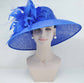 Royal Blue Derby Hat: Feather Flowers, Wide Brim Sinamay