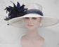 Church Kentucky Derby Carriage Tea Party Wedding Wide Brim  Royal Ascot Horse Race Oaks day hat White with Navy Blue