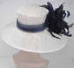 Church Kentucky Derby Carriage Tea Party Wedding Wide Brim  Royal Ascot Horse Race Oaks day hat White with Navy Blue