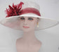 Wide Brim Sinamay Derby Hat: White & Burgundy Feather Flower