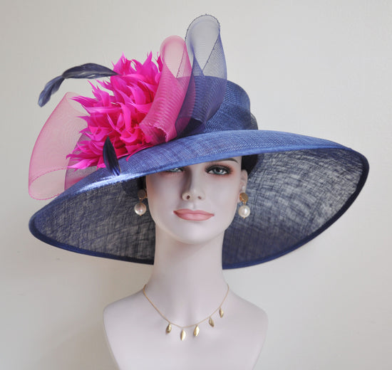 Navy Sinamay Derby Hat: Wide Brim Royal Ascot Wedding Hat