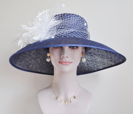 Navy Blue Sinamay Derby Hat, Feather Flower Ascot Hat