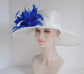 Sinamay Derby Hat: White Wide Brim with Royal Blue Feathers