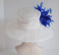 Sinamay Derby Hat: White Wide Brim with Royal Blue Feathers