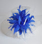 Sinamay Derby Hat: White Wide Brim with Royal Blue Feathers
