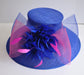 Royal Blue Sinamay Derby Hat: Hot Pink Feather Flowers