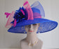 Royal Blue Sinamay Derby Hat: Hot Pink Feather Flowers