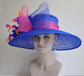 Royal Blue Sinamay Derby Hat: Wide Brim Feather Ascot Hat