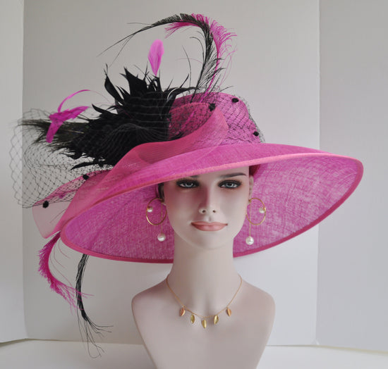 Church Derby Hat  Carriage Tea Party Wedding  Hot Pink w Black