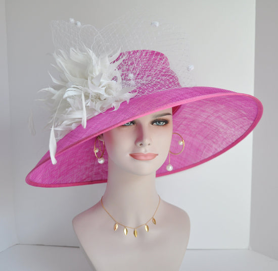 Hot Pink Sinamay Derby Hat: Wide Brim Wedding, Tea Party, Ascot