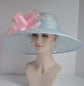 Wide Brim Sinamay Derby Hat: Powder Blue with Pink Feather Flowers