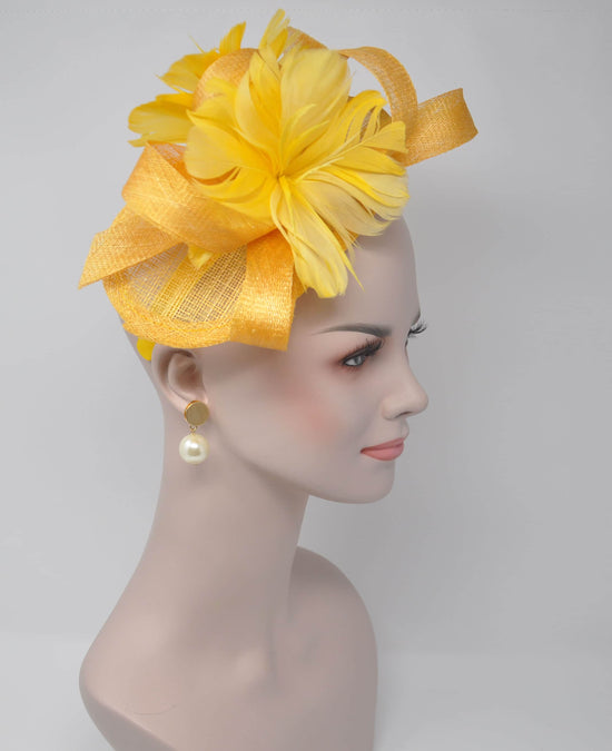 Kentucky Derby Hat Feather Floral Sinamay Headband Fascinator Cocktail Yellow