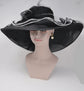 New Kentucky Derby Hat, Church, Wedding, Tea Party with Two Big Flower 4 Layers 7" Wide Brim Organza Hat( Black with White)