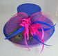 Royal Blue Sinamay Derby Hat: Hot Pink Feather Flowers & Peacock Feathers