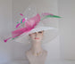 Sinamay Kentucky Derby Hat: Wide Brim White & Hot Pink Feather Ascot Hat
