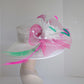 Sinamay Kentucky Derby Hat: Wide Brim White & Hot Pink Feather Ascot Hat