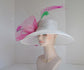 Sinamay Derby Hat: Wide Brim White & Hot Pink Feather Ascot Hat