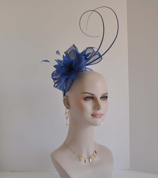 Kentucky Derby Feather Floral Sinamay Headband Fascinator Hat Cocktail Blue