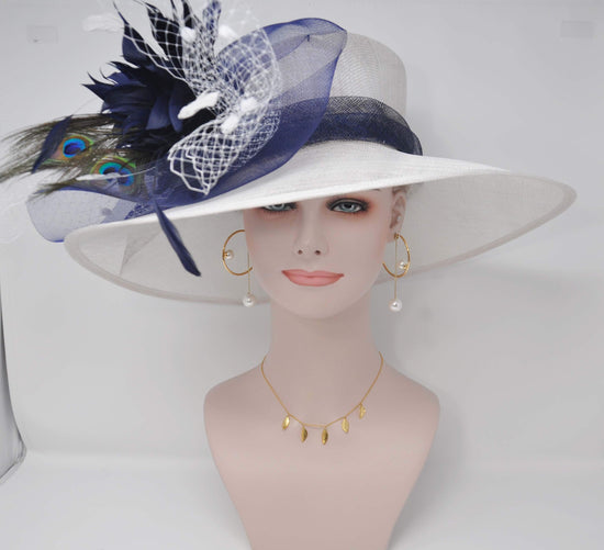 Church Derby Hat  Carriage Tea Party Wedding  White with Navy Blue Peacock Feathers