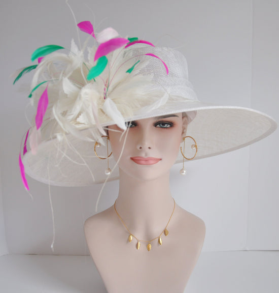 Wide Brim Sinamay Derby Hat: White Feather Church Hat