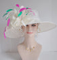 Wide Brim Sinamay Derby Hat: White Feather Church Hat