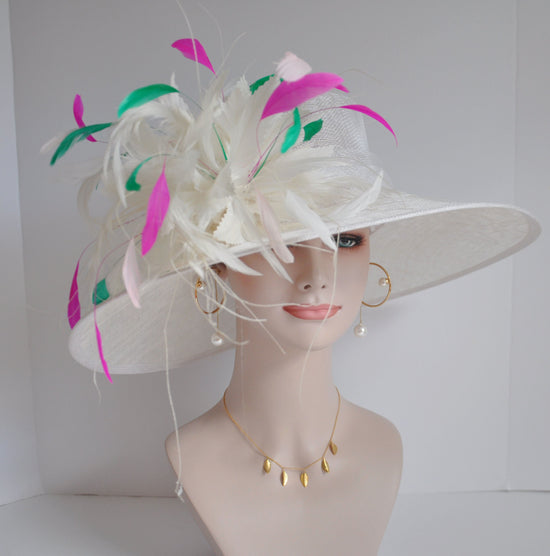 Wide Brim Sinamay Derby Hat: White Feather Church Hat