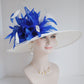Sinamay Derby Hat: White Wide Brim with Royal Blue Feathers