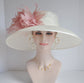 Off White Sinamay Derby Hat: Wide Brim Wedding Tea Party Hat with Pink Feather