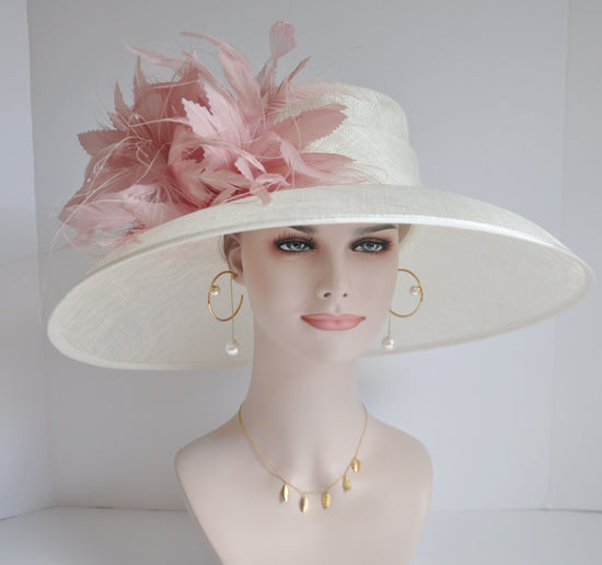 Off White Sinamay Derby Hat: Wide Brim Wedding Tea Party Hat with Pink Feather