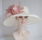 Off White Sinamay Derby Hat: Wide Brim Wedding Tea Party Hat with Pink Feather