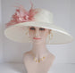 Off White Sinamay Derby Hat: Wide Brim Wedding Tea Party Hat with Pink Feather