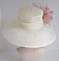Off White Sinamay Derby Hat: Wide Brim Wedding Tea Party Hat with Pink Feather
