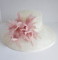 Off White Sinamay Derby Hat: Wide Brim Wedding Tea Party Hat with Pink Feather