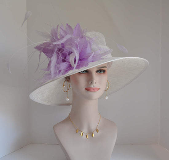 Sinamay Kentucky Derby Hat: White Wide Brim with Lavender Feathers