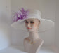 Sinamay Kentucky Derby Hat: White Wide Brim with Lavender Feathers