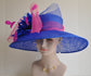 Royal Blue Sinamay Derby Hat: Hot Pink Feather Flowers