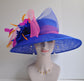 Royal Blue Sinamay Derby Hat: Wide Brim Feather Ascot Hat