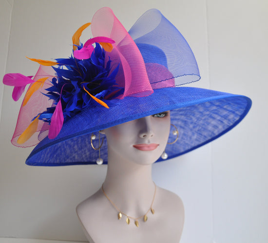 Royal Blue Sinamay Derby Hat: Wide Brim Feather Ascot Hat