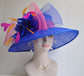 Royal Blue Sinamay Derby Hat: Wide Brim Feather Ascot Hat