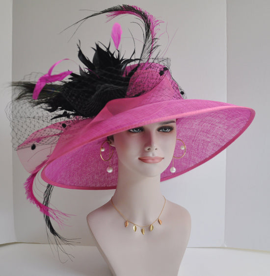 Church Kentucky Derby Hat  Carriage Tea Party Wedding  Hot Pink w Black