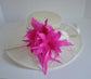 Ivory Kentucky Derby Hat: Wide Brim Sinamay with Pink Feather Flower