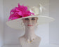Ivory Kentucky Derby Hat: Wide Brim Sinamay with Pink Feather Flower