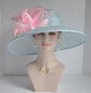Wide Brim Sinamay Derby Hat: Powder Blue with Pink Feather Flowers