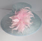 Wide Brim Sinamay Derby Hat: Powder Blue with Pink Feather Flowers