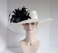 Ivory Sinamay Derby Hat: Black Feather Flower Wide Brim