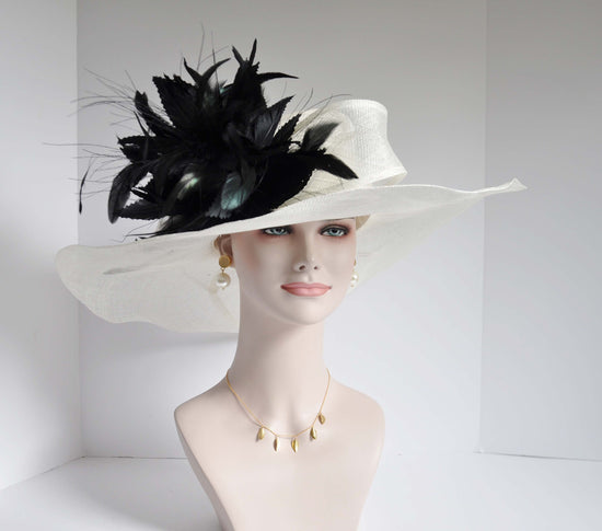 Ivory Sinamay Derby Hat: Black Feather Flower Wide Brim