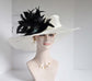 Ivory Sinamay Derby Hat: Black Feather Flower Wide Brim